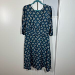 Wayward Fancies Blue Printed Mod MIDI Dress modest office career pockets size L